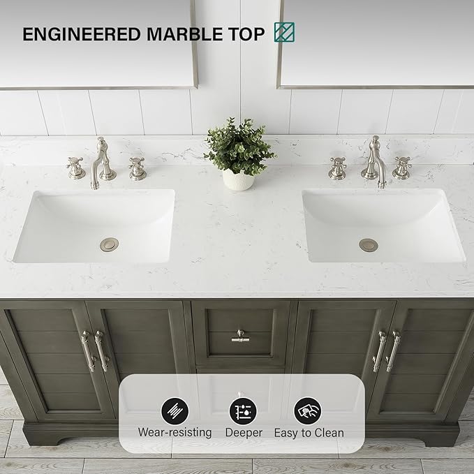 HOMEBEYOND 60 Inch Bathroom Vanity with Double Sink & Ceramic Top, Vanity Cabinet with Center Countertop Basin, Soft-Closing Doors, Backsplash,Sliver Grey