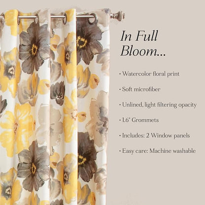 Lush Decor Leah Light Filtering Window Curtain Panels, Pair, 52" W x 95" L, Yellow & Gray - Floral Curtains - Colorful Spring Watercolor Flowers - Long Curtains for Bedroom, Living Room & Dining Room