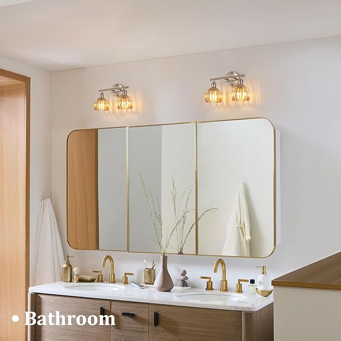 Bathroom Light Fixtures, 2-Light Vanity wall Light Over Mirror with Amber Tulip Glass Shade for Bedroom Living Room (Bulb Not Included), Satin Nickel