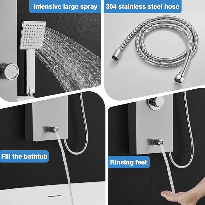 ROVOGO LED Shower Panel Tower System - Use 5 Functions at Once: Rainfall, Mist, Handheld, Body Jets and Tub Spout, Shower Column with Lights, Stainless Steel Brushed