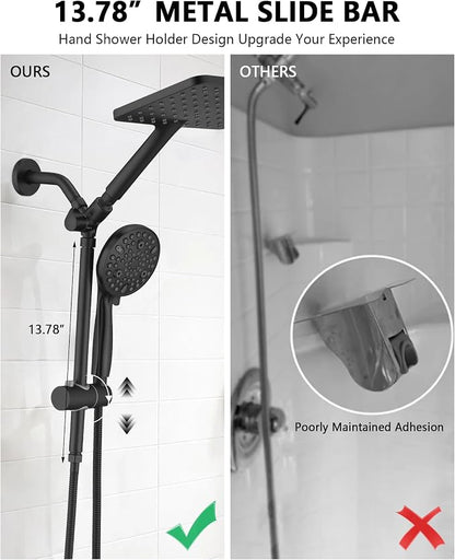 PDPBath High Pressure Rainfall Shower Head with Handheld Combo, Height Adjustable Dual Handheld Shower Head Combo with Slide Bar for Easy Reach, Matte Black