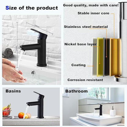 Bathroom Cold & Hot Stainless Steel Faucet, Ceramic Valve Cylinder; Silent Anti-Drip, Single Handle, Water Saving, Washbasin Sink, for Bathroom & Basin, Small Kitchen Faucet (Black)