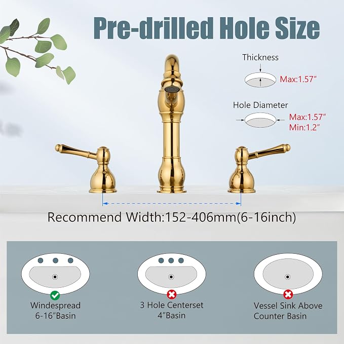 Widespread Bathroom Sink Faucet 3 Hole Metal Lever Polish Gold | Vintage Brass Sink Faucet,2 Handle,Pop Up Drain,cUPC Hose,for 8 Inch,6-16″Centerset Basin,Farmhouse,RV,Vanity,Lavatory