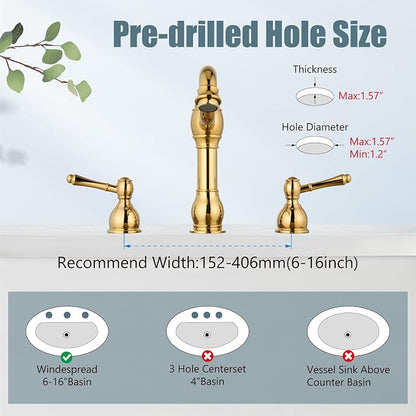 Widespread Bathroom Sink Faucet 3 Hole Metal Lever Polish Gold | Vintage Brass Sink Faucet,2 Handle,Pop Up Drain,cUPC Hose,for 8 Inch,6-16″Centerset Basin,Farmhouse,RV,Vanity,Lavatory