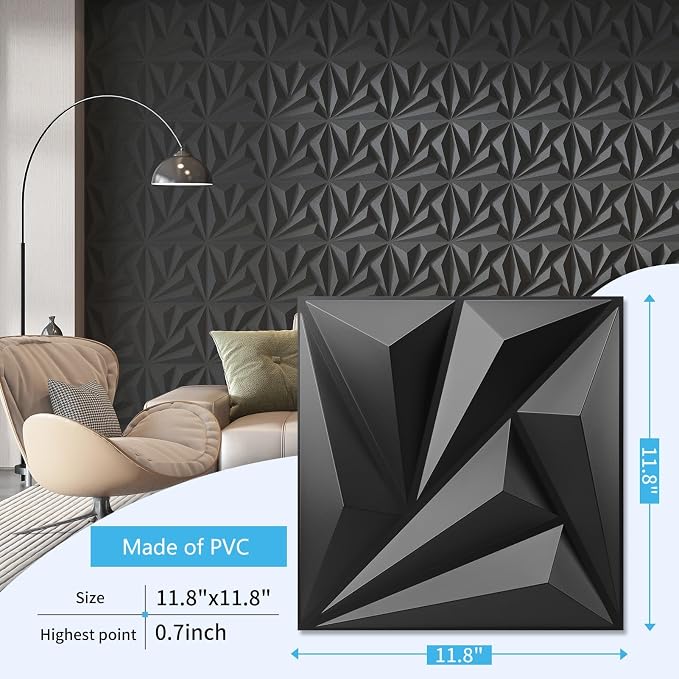 Art3d 100 Pack Decorative 3D Wall Panels 11.8 x 11.8 Inch Covering 97 Sq.ft - Glue Up PVC Wall Panels for Interior Wall Décor, Living Room, Office and Home, Black