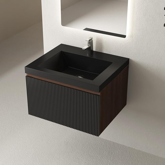24 Inch Floating Bathroom Vanity with Sink, Wall Mounted Striped Storage Cabinet, Soft Close Drawer, Black Quartz Sand Basin, Fully Assembled, Smoked Walnut Finish