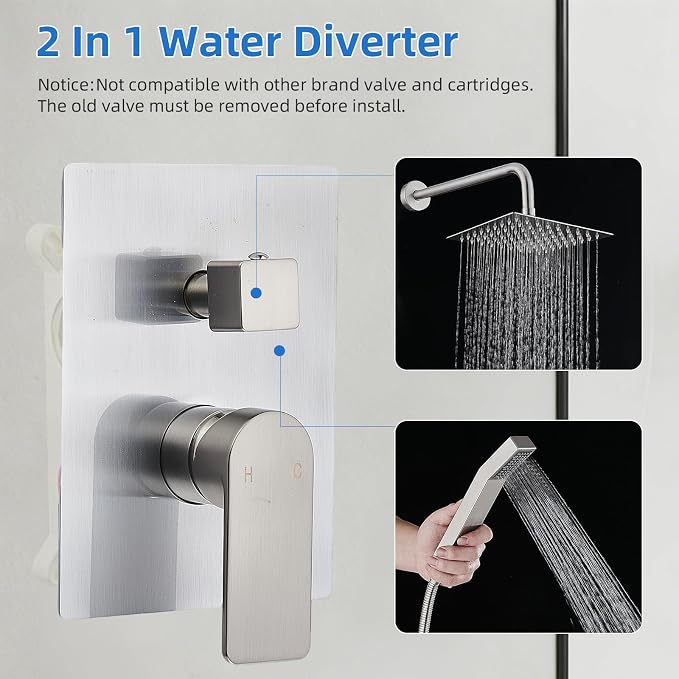 Shower Faucet Set With 8" Shower Head And Handheld Brushed | Wall Mounted Shower System Valve Include 2 Function