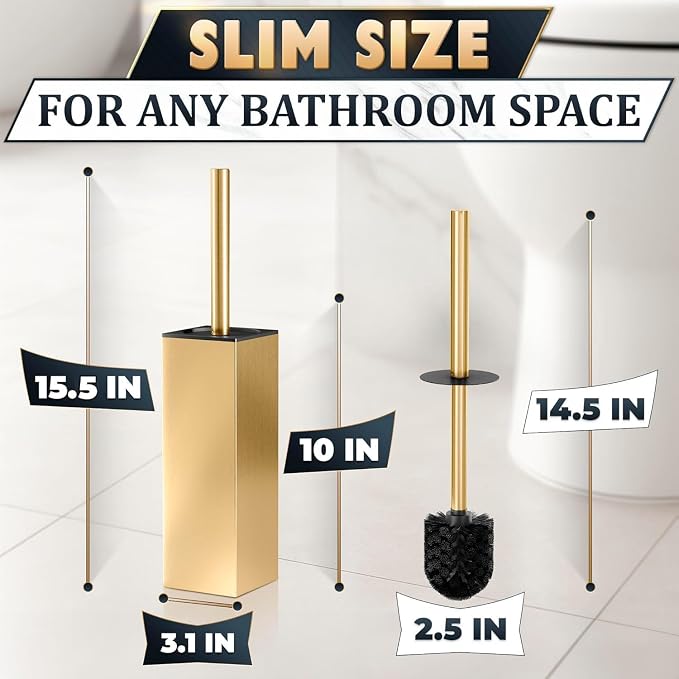 Gold Toilet Brush and Holder Set, Stainless Steel (Square) | Toilet Brush with Holder Set for Bathroom, Splash Protection & Dense Bristles for Bathroom Cleaning, Removable Inner Bowl