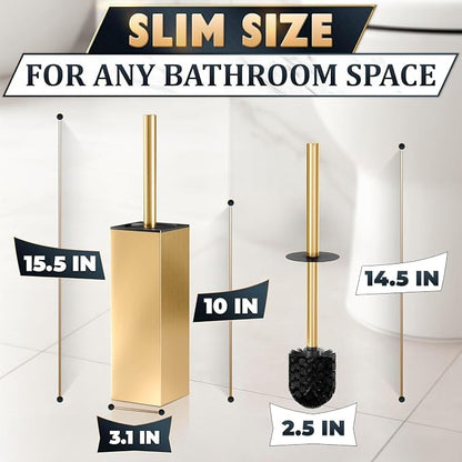Gold Toilet Brush and Holder Set, Stainless Steel (Square) | Toilet Brush with Holder Set for Bathroom, Splash Protection & Dense Bristles for Bathroom Cleaning, Removable Inner Bowl