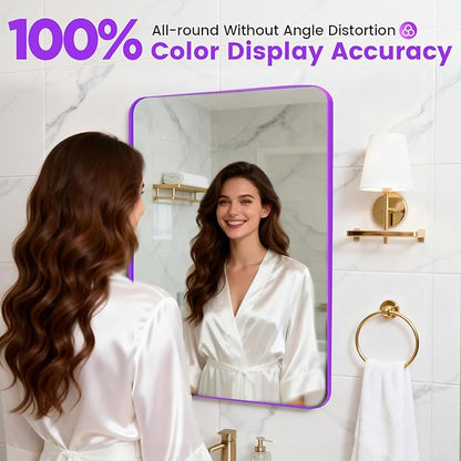 24" x 28" Purple Bathroom Mirror Wall Mounted, Matte Aluminum Alloy Frame with Rounded Corners, Shatterproof Tempered Glass, Anti-Rust HD Vanity Mirror for Bathroom, Bedroom, Entryway (White)