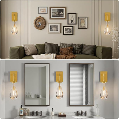 Raindrop Brass Crystal Wall Sconce: Clear Solid Indoor Sconces with Bulbs - Dimmable Vanity Lamp - Luxury Modern Gold Light Fixtures for Bedroom Living Room Bathroom Hallway Bedside Lighting
