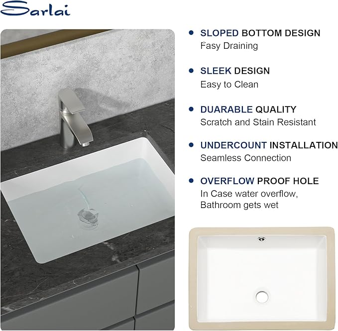 Sarlai Bathroom Sink Undermount Rectangular - 20"x14" Pure White Rectrangle Undermount Sink Porcelain Ceramic Lavatory Vanity Bathroom Sink