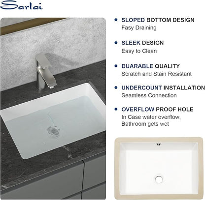 Sarlai Bathroom Sink Undermount Rectangular - 20"x14" Pure White Rectrangle Undermount Sink Porcelain Ceramic Lavatory Vanity Bathroom Sink