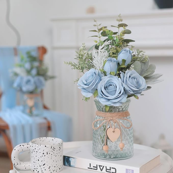 14.5"Faux Flowers with Vase,Artificial Silk Roses in Vase(Dusty Blue) | Realistic Fake Plant Faux Eucalyptus,Flower Arrangement for Home Office Farmhouse Bathroom Dining Table Centerpiece Decor