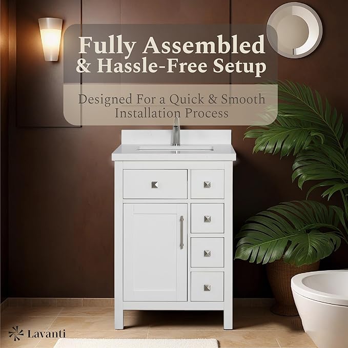 Lavanti Oakford 24 Inch Bathroom Vanity with Sink – Stylish White Vanity Bathroom with Storage Cabinet – Modern Bathroom Vanities with Single Vanity Sink & Quartz Countertop