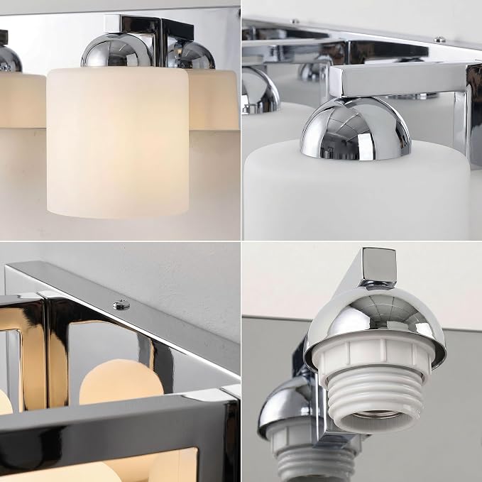 mirrea 3-Light Chromed Bathroom Vanity Light with White Glass Shades | Over Mirror,Wall Sconce,ETL listed,Bathroom Lighting Fixtures,Elegant Design,Milk White Glass Shade,Easy Installation