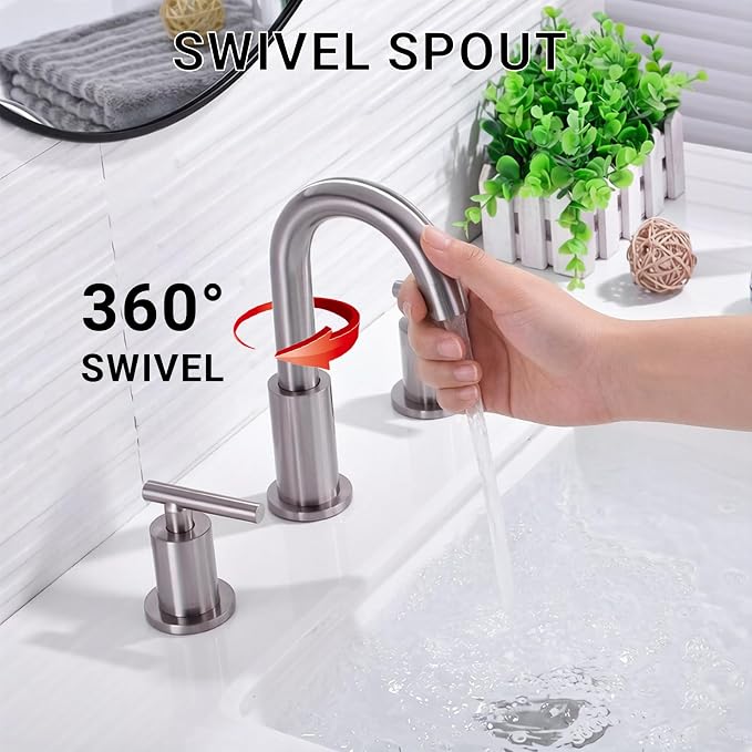 TRUSTMI 8" Widespread Bathroom Faucet Brushed Nickel, Swivel Spout & Drain | Brass Construction, Include Overflow Drain & cUPC Supply Lines, fits 3-Hole 6–12" Vanity Sinks, Spot-Resistant, Easy to Clean