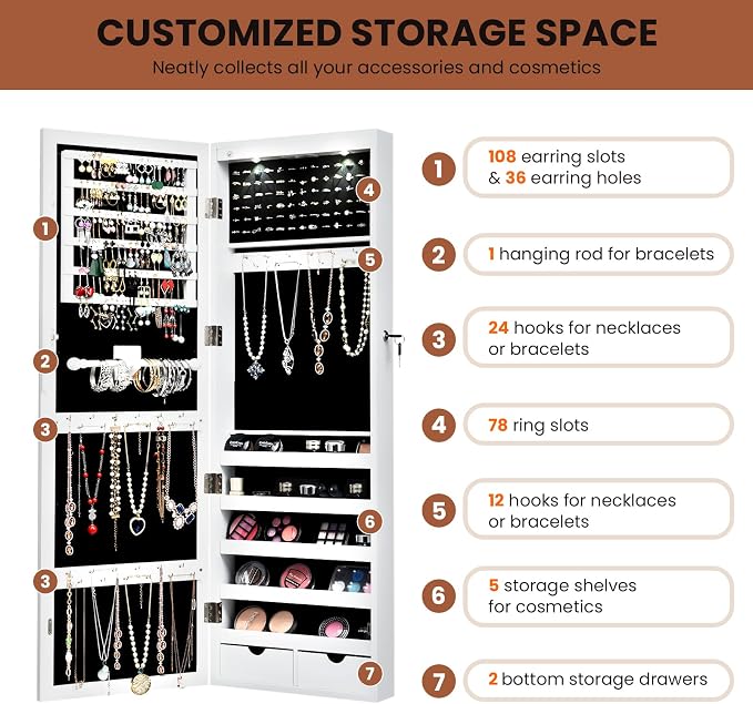 NAFORT 15 LEDs Lockable Mirror Jewelry Armoire Organizer, Christmas Gift Wall Door Mounted Storage Cabinet with Full-Length Mirror, Folding Tray,5 Storage Shelves, White
