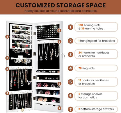 NAFORT 15 LEDs Lockable Mirror Jewelry Armoire Organizer, Christmas Gift Wall Door Mounted Storage Cabinet with Full-Length Mirror, Folding Tray,5 Storage Shelves, White