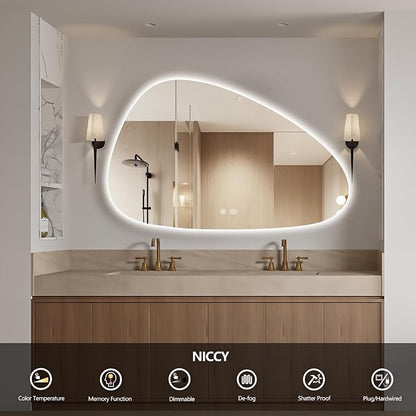 Niccy Irregular LED Bathroom Mirror, Frameless Backlit Wall Mirror, 30"x48" | Asymmetrica Lighted Mirror for Bedroom Living Room, Modern Smart-Mirror with 3 Color Lighting, Anti-Fog, Memory Function