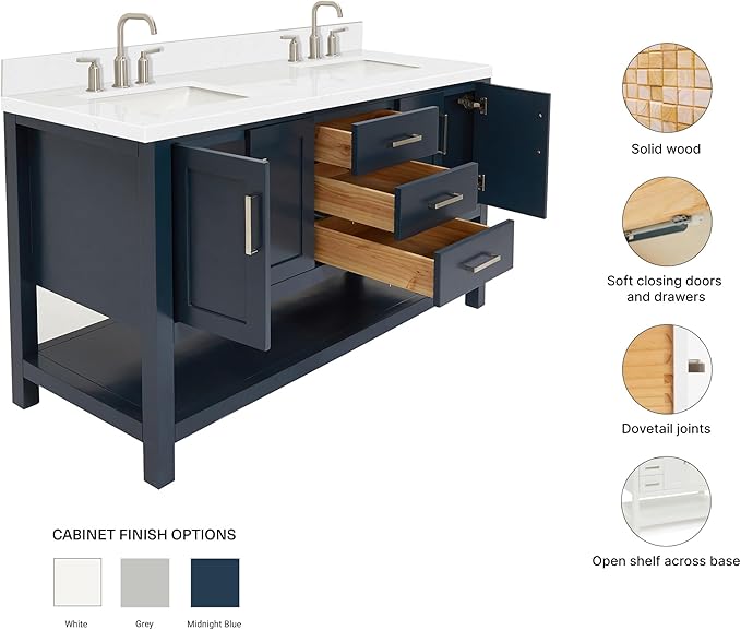 ARIEL Magnolia 60-inch Bathroom Vanity with Sink,Solid Wood, 1.5-inch Carrara White Quartz Countertop, Double Rectangular Porcelain Sink, 4 Soft Closing Doors, 3 Dovetail Drawers, Midnight Blue