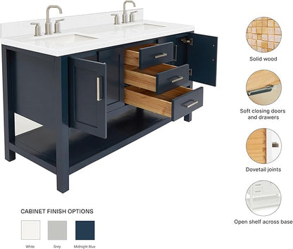 ARIEL Magnolia 60-inch Bathroom Vanity with Sink,Solid Wood, 1.5-inch Carrara White Quartz Countertop, Double Rectangular Porcelain Sink, 4 Soft Closing Doors, 3 Dovetail Drawers, Midnight Blue