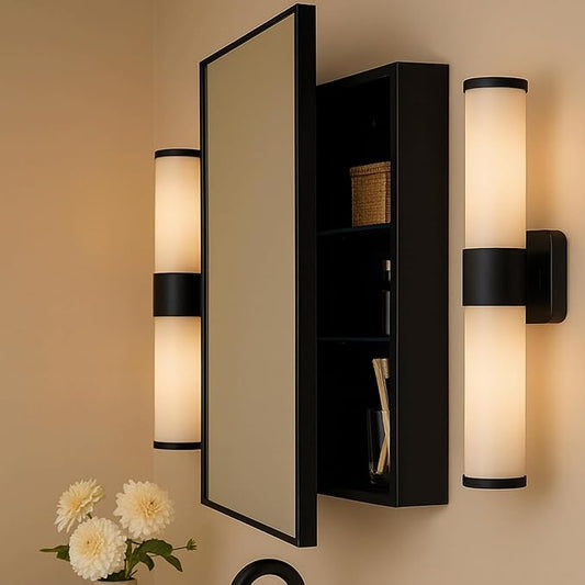 TEHOME 20'' x 30'' Black Recessed and Surface Mount Bathroom Medicine Cabinet with Mirror Matt Black Square Cornered Metal Framed Rounded Rectangle Medicine Cabinet Mirror