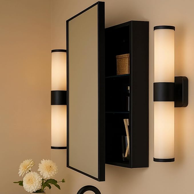 TEHOME 16.5'' x 24'' Black Recessed and Surface Mount Bathroom Medicine Cabinet with Mirror Matt Black Square Cornered Metal Framed Rounded Rectangle Medicine Cabinet Mirror