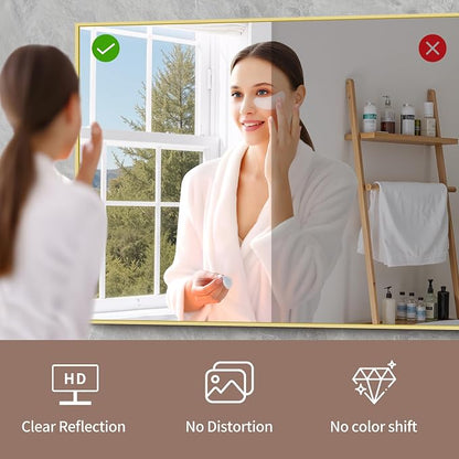 YIROMAN Bathroom Mirror 30"x36", Brushed Gold Bathroom Mirror for Over Sink with Aluminum Frame, Rectangular Vanity Mirror with Right Angle, Wall Mirror Hangs Horizontal or Vertical, Shatterproof