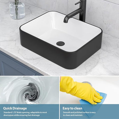 Bathroom Vessel Sink 19" x 15" Rectangle Bathroom Sinks Above Counter | Black and White Porcelain Ceramic Vessel Sinks Vanity Sink Rectangular Modern Above Counter Bathroom Vessel Sink