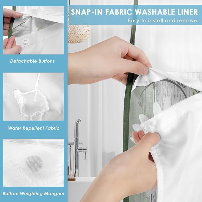 No Hook Shower Curtain with Snap in Liner 71x74 Inch Daisy Green | Farmhouse Rustic Butterfly Modern Double Layers Waterproof Fabric with See Through Top Window Open Grommet Bath Curtain