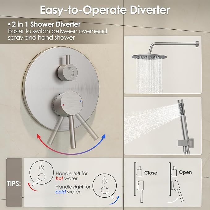 Gabrylly Shower System, 10" Wall Mounted Shower Faucet Set, Brushed Nickel | Rain Shower Head with Handheld Spray Combo, All Metal Rainfall Shower Head Complete Set Shower Mixer Valve for Bathroom