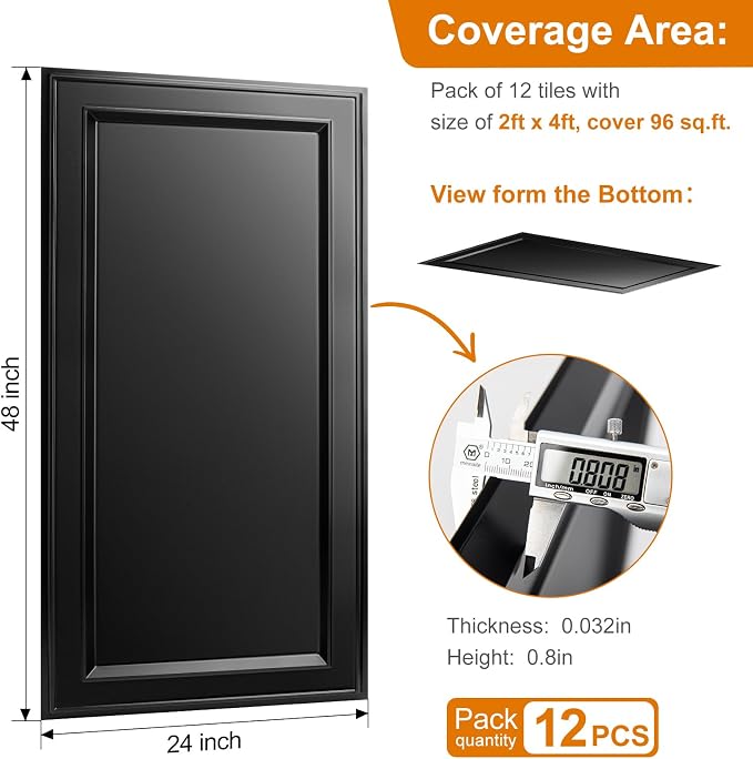 WOWSTAR 12-Pack 2x4ft Drop Ceiling Tiles, Waterproof Glue up Ceiling Panels, Modern Style 3D Wall Panels, Black | PVC ceiling panels, 2x4 ft, waterproof, glue-up install, basement kitchen bathroom, 12-pack