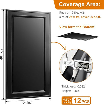 WOWSTAR 12-Pack 2x4ft Drop Ceiling Tiles, Waterproof Glue up Ceiling Panels, Modern Style 3D Wall Panels, Black | PVC ceiling panels, 2x4 ft, waterproof, glue-up install, basement kitchen bathroom, 12-pack