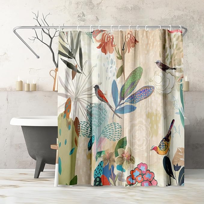 Americanflat 71x74 Floral Shower Curtain - Water-Resistant Long Shower Curtain with Metal Grommets and 12 Hooks - 100% Polyester - Botanical Bathroom Curtains - Beige, Blue, Green, Coral and Pink