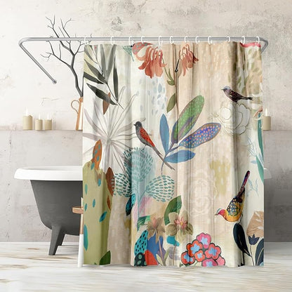 Americanflat 71x74 Floral Shower Curtain - Water-Resistant Long Shower Curtain with Metal Grommets and 12 Hooks - 100% Polyester - Botanical Bathroom Curtains - Beige, Blue, Green, Coral and Pink