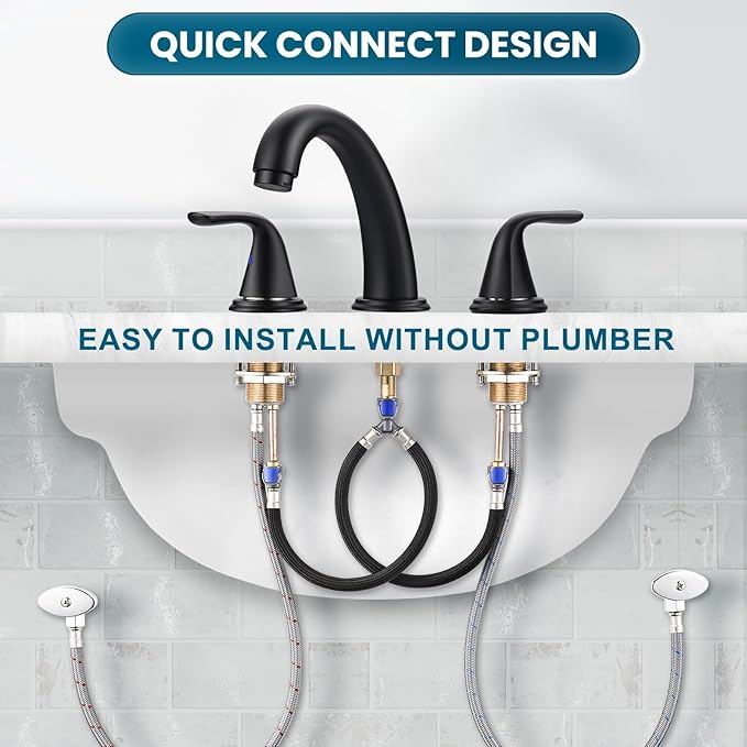 Widespread Bathroom Sink Faucet, ALEASHA Matte Black Bathroom Faucet with Pop Up Drain, Washroom Sink Faucets 3 Holes for RV/Vanity Camper, 304 Stainless Steel Tap with Lead-Free Supply Lines