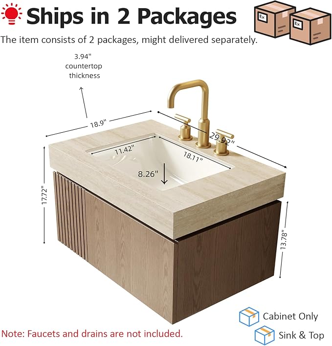 Ambrovina 30" Floating Bathroom Vanity with Sink, Modern Storage Vanities with Drawer and Door, Roma Travertine Top and 3 Pre-drilled Faucet Holes Ceramic Basin, Pre-Assembled Cabinet, Light Brown