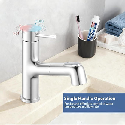 HURRAN Pull Out Bathroom Faucet, Single Handle Basin Mixer Tap with 2 Modes, Utility Sink Faucet with Deck Plate, Stainless Steel, Brushed Nickel