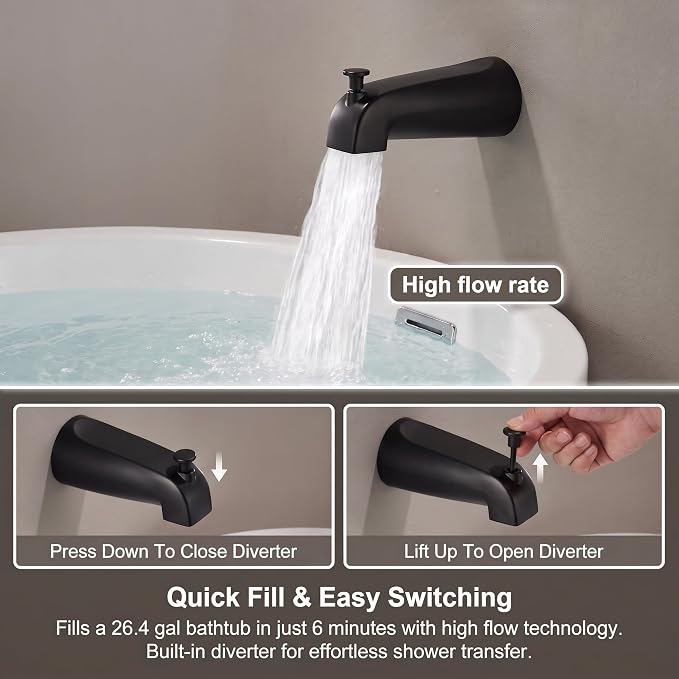Black Tub Shower Faucet Set - 6 Inch Black Shower Head and Handle Set, High Pressure Bathtub Shower Faucet Set with Rain Shower Head and Tub Spout Single-Spray, Pressure Balancing Valve Included