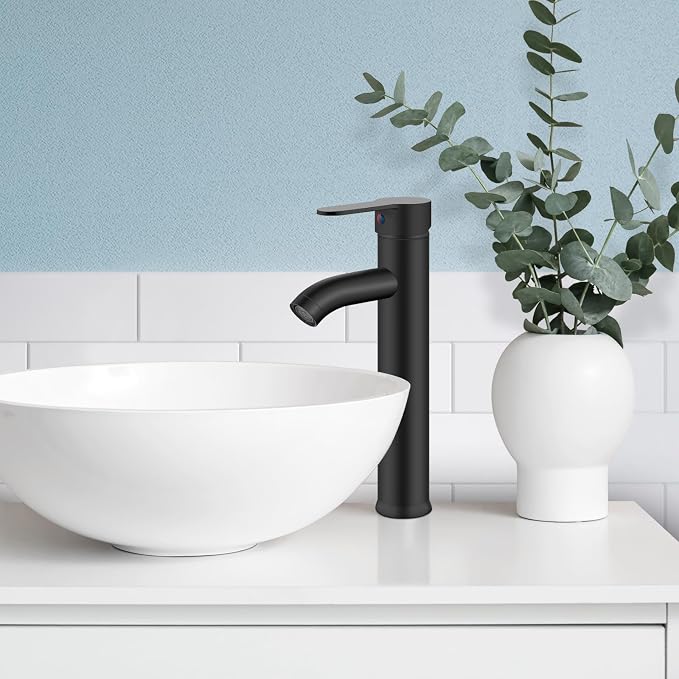 gotonovo Modern Vessel Sink Faucet with ABS Pop Up Drain, Matte Black | Modern Tall Bathroom Faucet 1 Hole Single Handle Round Body, cUPC Water Supply Hoses, Basin Mixer Tap for Vanity Lavatory Rv
