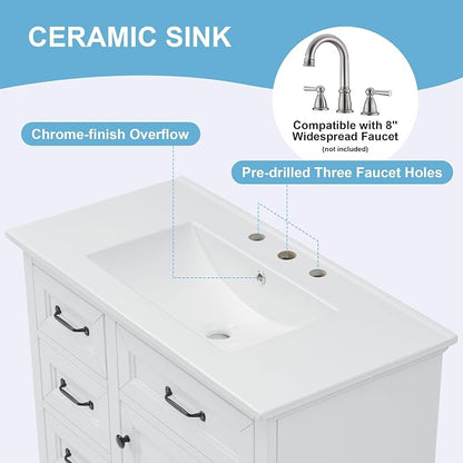 36" Bathroom Vanity with Ceramic Sink,Freestanding Storage Cabinet w/Soft-Close Door and 2 Tip-Out & 2 Drawers,Undermount Single Basin Bath Vanity Set w/Adjustable Shelf,White