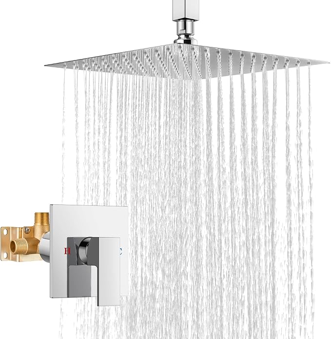 Airuida 10 Inch Chrome Polish Shower Faucet Set,Rainfall Shower System | Ceiling Shower Head,Male Thread Rough-in Valve,Ceiling Mount,Single Handle