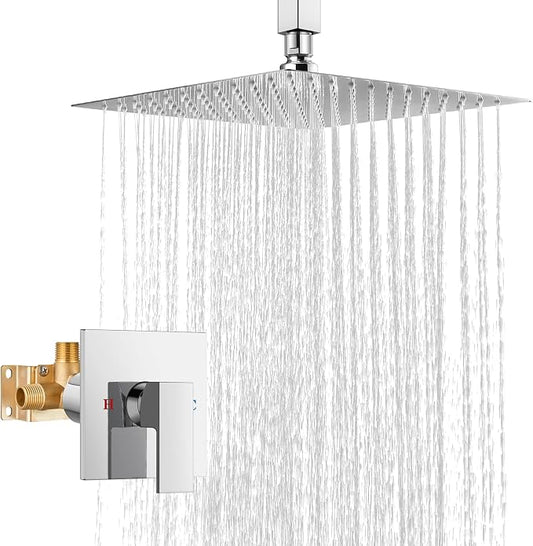 Airuida 10 Inch Chrome Polish Shower Faucet Set,Rainfall Shower System | Ceiling Shower Head,Male Thread Rough-in Valve,Ceiling Mount,Single Handle