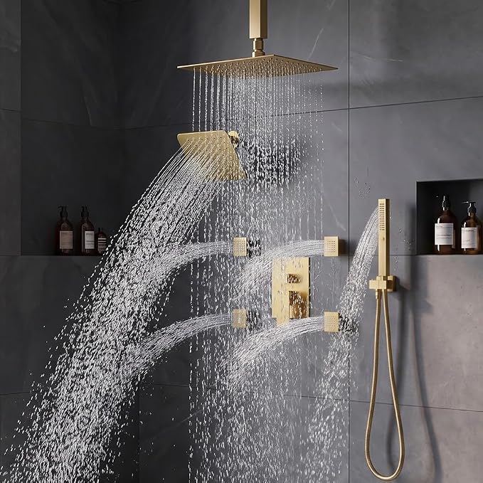 Shower System with Body Jets, Bostingner 4 Way Shower Faucet with 2 in1 Handheld,Ceiling Mount 10 Inch Shower Head and 6 Inch Shower Head,4Pcs Body Jets With Dual Head Shower Set Brushed Gold