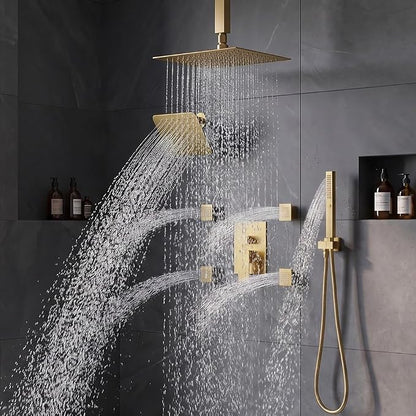 Shower System with Body Jets, Bostingner 4 Way Shower Faucet with 2 in1 Handheld,Ceiling Mount 10 Inch Shower Head and 6 Inch Shower Head,4Pcs Body Jets With Dual Head Shower Set Brushed Gold