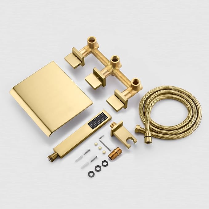 SUMERAIN Wall Mounted Bathtub Faucet with Handheld Shower, Waterfall Tub Faucet Filler Brushed Gold Finish, with Rough in Valve