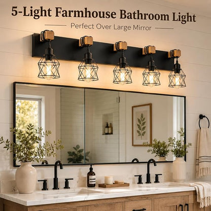 Farmhouse Vanity Light Fixture,5-Light Bathroom Lighting,Black Industrial Wood Wall Light Over Mirror with Metal Shade,LED Bulbs Not Included