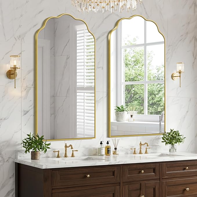 Gold Arched Mirror, 24×48Inch Scalloped Mirror for Bathroom, Wavy Wall Mounted Vanity Mirror with Aluminum Alloy Frame for Livingroom Bedroom and Entryway, Tempered Glass