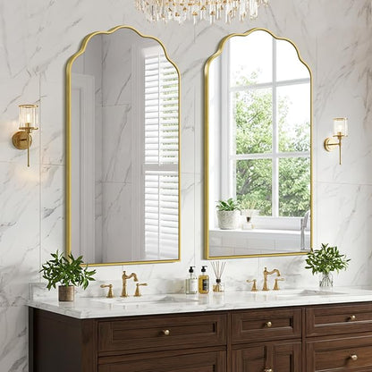 Gold Arched Mirror, 24×48Inch Scalloped Mirror for Bathroom, Wavy Wall Mounted Vanity Mirror with Aluminum Alloy Frame for Livingroom Bedroom and Entryway, Tempered Glass